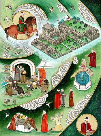 1652 Evliya Çelebi anlatımı ile II. Beyazıd Kölliyesi, hasta tedavi ve Kölliye mutfağından göröntöler